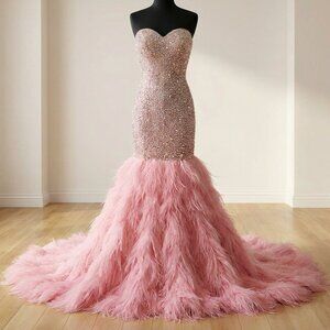 🦩Couture Ostrich Feathers Evening Wedding Cocktail Runway Beaded Crystals Dress